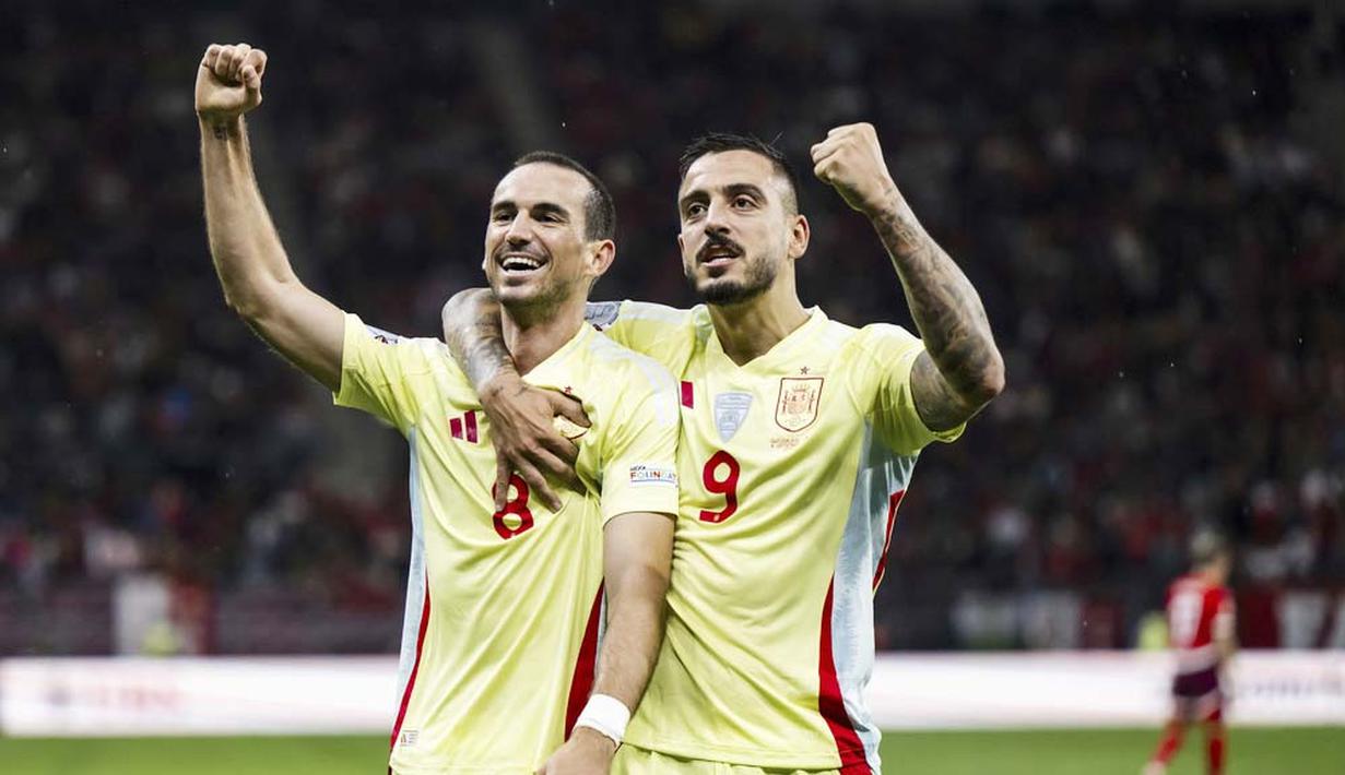 Juara Euro 2024, Spanyol sukses menghajar Swiss dalam laga UEFA Nations League 2024/2025 yang dihelat di Stade de Geneve, Senin (9/9/2024) dini hari WIB. Meski bermain dengan 10 orang sejak menit ke-21 tapi Tim Matador tetap tampil garang dan menang dengan skor telak 4-1. (Jean-Christophe Bott/Keystone via AP)