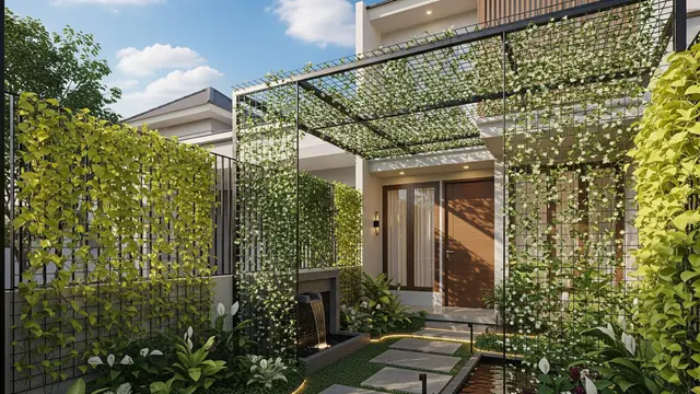 desain kebun rumah tropis di halaman depan yang mudah dirawat