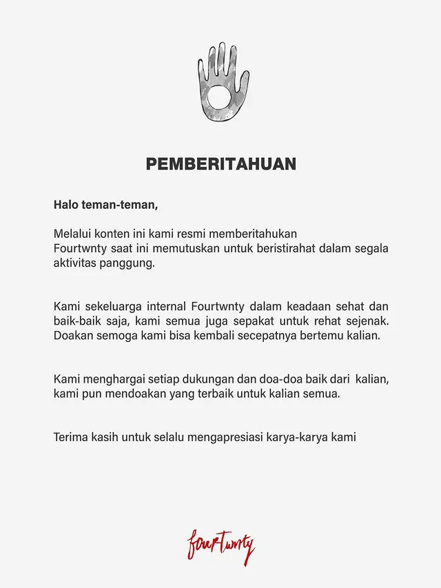 Fourtwnty Secara Tiba-Tiba Umumkan Rehat Sejenak. (instagram/fourtwntymusic)
