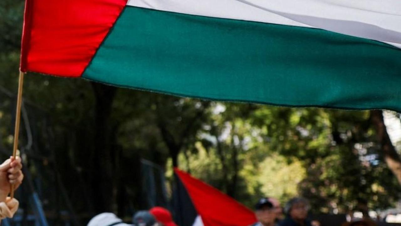 Bendara Palestina yang dibawa massa demonstran berkibar selama aksi protes. Foto: Reuters
