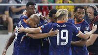 Selebrasi skuad Belanda dalam laga versus Lithuania di Kualifikasi Piala Dunia 2026 Zona Eropa, Minggu (7/9/2025). (AP Photo/Mindaugas Kulbis)