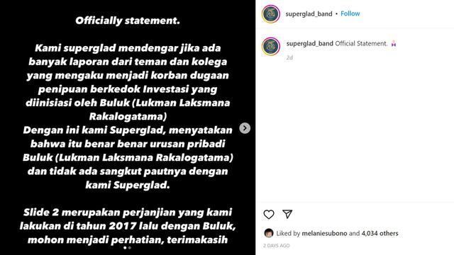 Pernyataan manajemen band Superglad atas kasus yang menimpa vokalis mereka, Buluk. (Instagram @superglad_band)