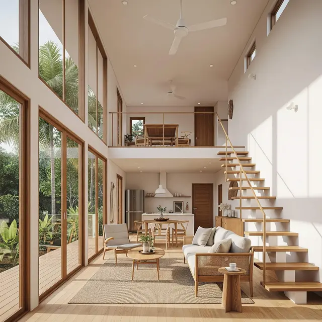Model Rumah Mungil tapi Tampak Tinggi dengan Plafon Terbuka