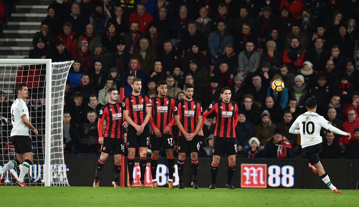 Gelandang Liverpool, Philippe Coutinho melepaskan tendangan menuju kotak penalti saat melawan AFC Bournemouth di Vitality Stadium, Minggu (17/12). Liverpool mencukur tuan rumah AFC Bournemouth empat gol tanpa balas. (GLYN KIRK / AFP)