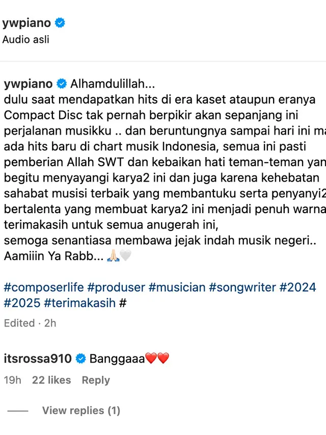 Unggahan Yovie Widianto. (Foto: Dok. Instagram @ywpiano)