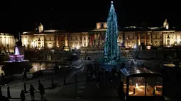 Sebuah pohon Natal raksasa berdiri tegak seusai tradisi penyalaan lampu di Trafalgar Square, London, 7 Desember 2017. Pohon Natal ini didirikan dari cemara Norwegia yang berusia 70 tahun dengan tinggi lebih dari 20 meter. (AP Photo/Matt Dunham)