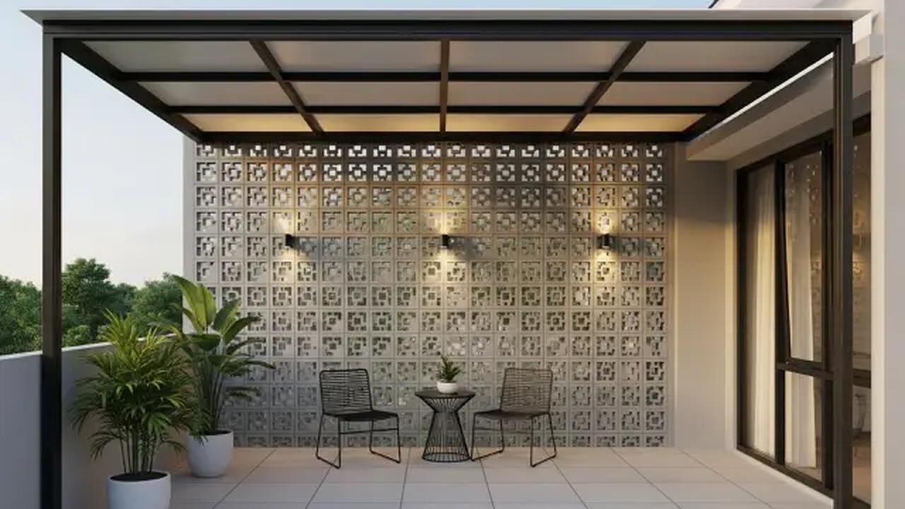 Teras Minimalis dengan Kanopi dan Roster/Desain Teras Rumah Minimalis Ukuran 3x5 dengan Kanopi (Sumber: gemini.com)