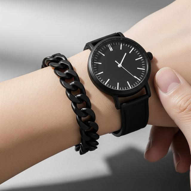 7. Gelang Rantai Hitam Matte dengan Jam Tangan Analog Monokrom