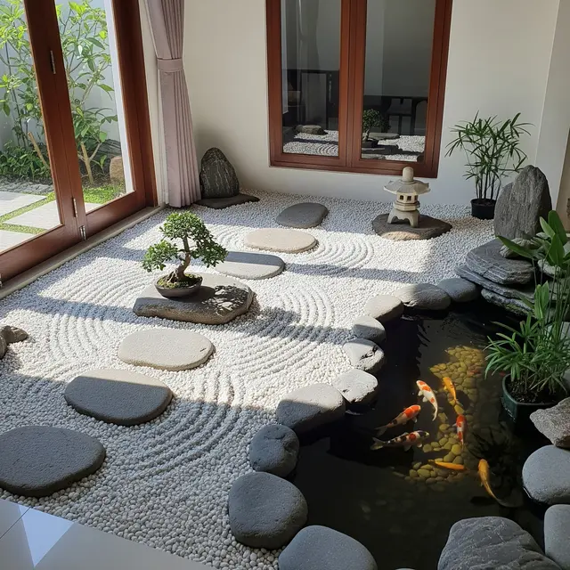 9 Model Taman Kering dan Kolam Ikan Sudut Dalam Rumah yang Mudah Dirawat