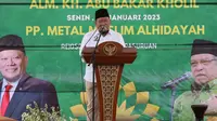 Ketua DPD RI, AA LaNyalla Mahmud Mattalitti saat memberikan sambutan pada Haul ke-8 KH Abu Bakar Cholil di Ponpes Metal Muslim Alhidayah, Pasuruan, Jawa Timur, Senin (2/1/2023). (Ist)
