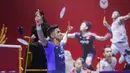 Tunggal putra Indonesia, Alwi Farhan, melakukan selebrasi setelah menaklukkan wakil India, H.S. Prannoy pada pertandingan 32 besar Indonesia Open 2025 di Istora Senayan Jakarta, Selasa (3/6/2025). (Bola.com/M Iqbal Ichsan)