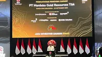PT Merdeka Gold Resources Tbk (EMAS) resmi melantai di bursa hari ini, Selasa, 23 September 2025.&nbsp;Harga sahamnya langsung melambung tinggi. (Liputan6.com/Gagas)