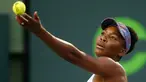 Mantan petenis nomor satu dunia, Venus Williams bersiap mengembalikan bola ke arah petenis non unggulan AS, Danielle Collins pada babak perempat final Miami Terbuka 2018 di Crandon Park, Kamis (29/3). Venus menyerah dengan skor 2-6, 3-6. (AP/Wilfredo Lee)