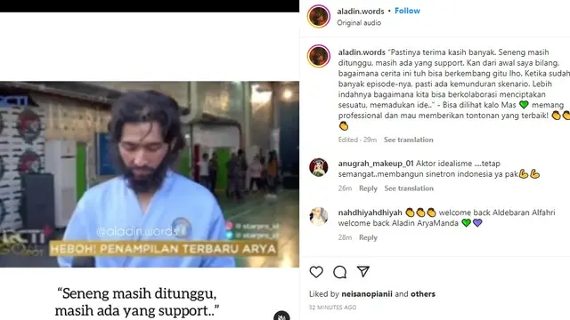 Kembalinya Arya Saloka ke sinetron Ikatan Cinta (Foto: Instagram @aladin.words)