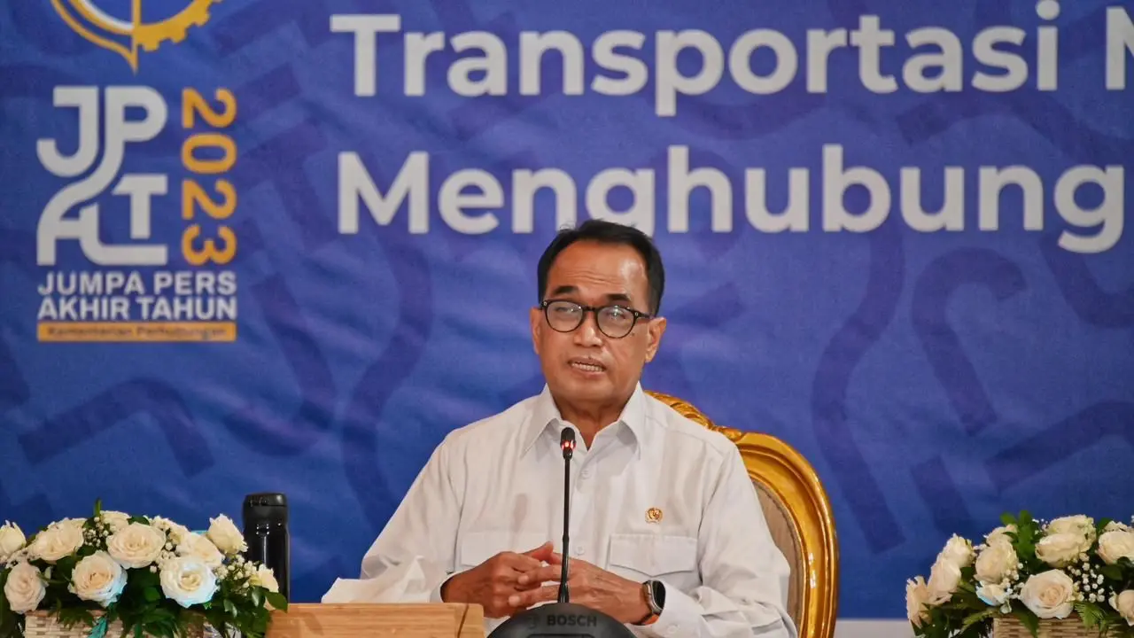 Menteri Perhubungan Budi Karya Sumadi dalam kegiatan Jumpa Pers Akhir Tahun (JPAT) 2023, di Kantor Kemenhub, Jakarta, Rabu (20/12/2023). (Dok Kemenhub)