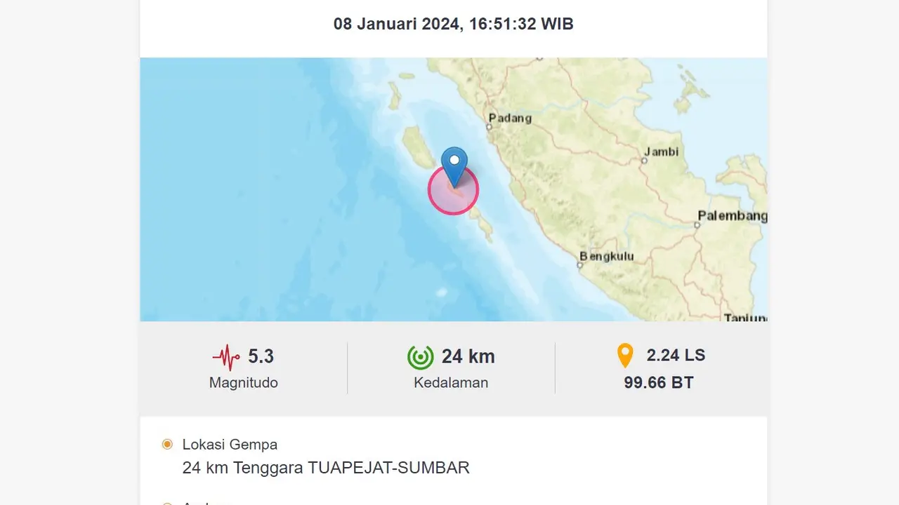 Gempa bumi menggetarkan pada pukul 16:51:32 WIB hari ini, Senin (8/1/2024) di wilayah Tuapeijat, Provinsi Sumatera Barat (Sumbar).