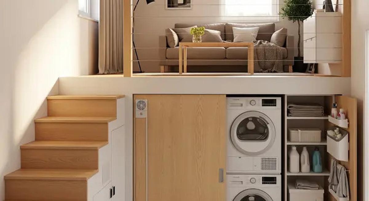 8 Inspirasi Rumah Kecil Mezzanine dengan Area Laundry Tersembunyi di Bawah Tangga