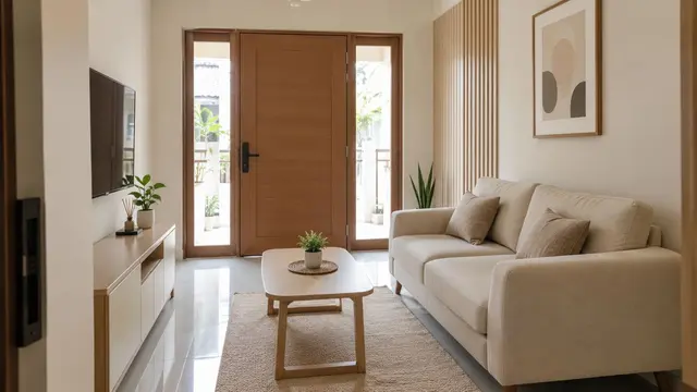 Model Ruang Tamu Memanjang dengan Sofa di Sisi Dinding
