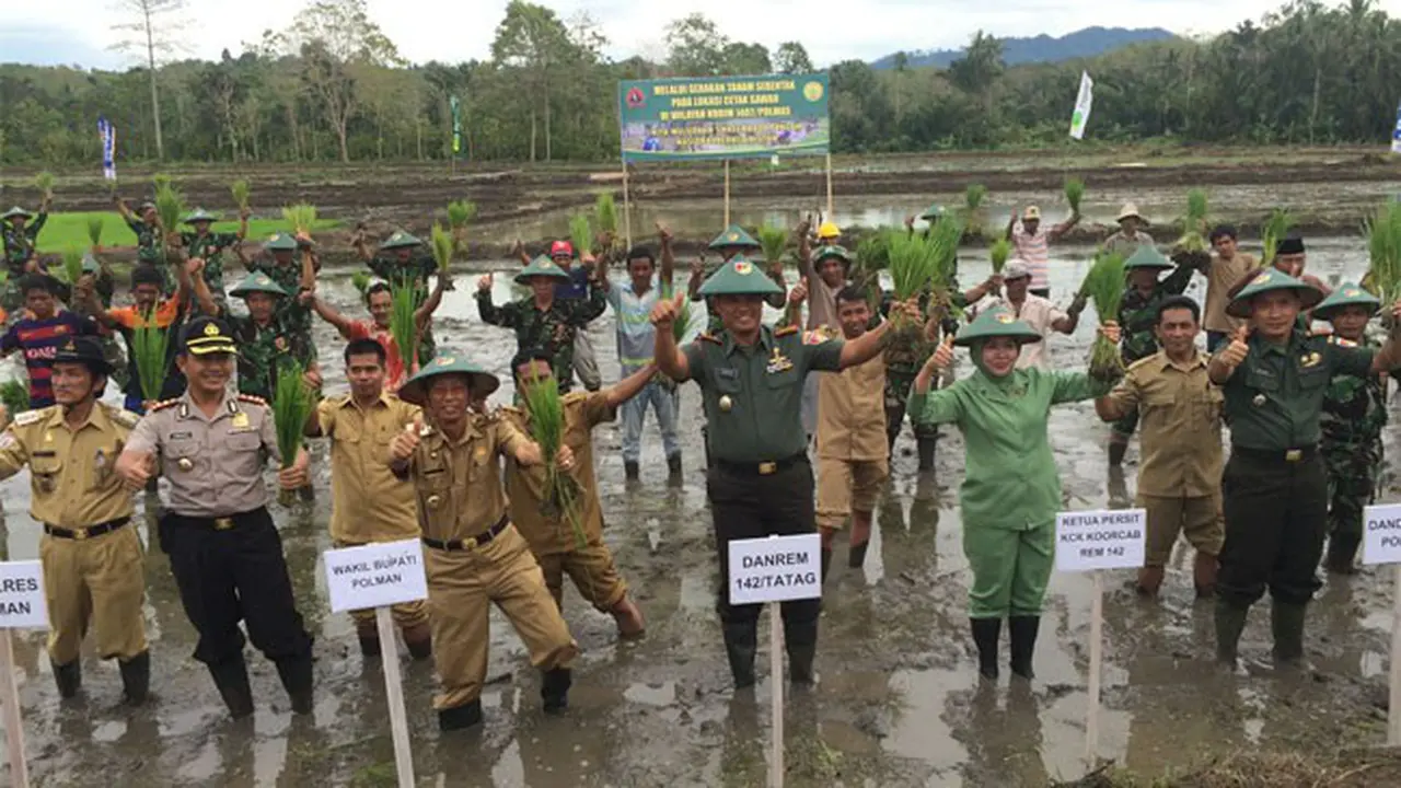 Prajurit TNI Bersama Petani Tanam Padi Serempak di Sulawesi