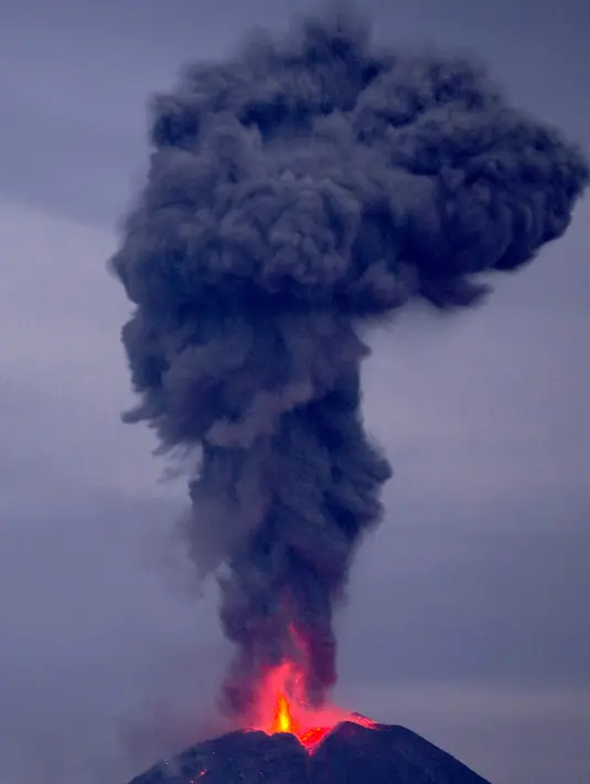 Material debu vulkanik menyembur saat terjadi erupsi di Gunung Sinabung, terlihat dari Desa Beganding, Karo, Sumatera Utara, Minggu (7/5). Zona merah masuk ke puncak Gunung Sinabung diberlakukan dalam radius tiga kilometer. (TIBTA PANGIN/AFP)