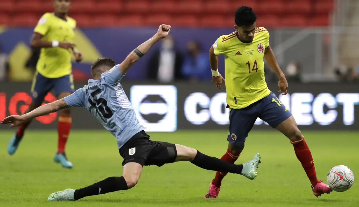 Kolombia lebih mendominasi pertandingan dengan penguasaan bola hingga 51 persen berbanding 49 milik Uruguay. (Foto:AP/Bruna Prado)