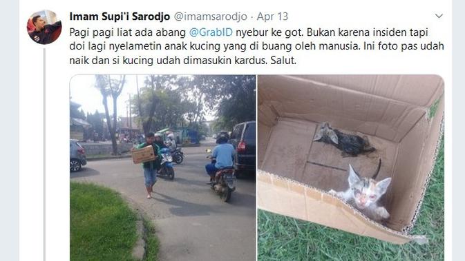 Driver ojol rela nyebur got selamatkan kucing. (Sumber: Twitter/imamsarodjo)