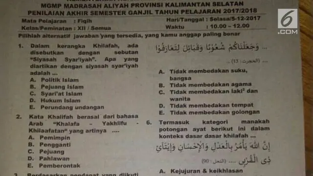 Beredar sebuah foto lembar soal ujian Madrasah Aliyah yang isinya membahas soal Khilafah.