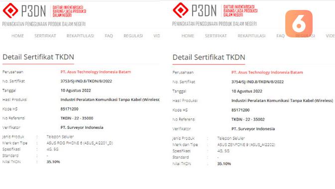 <p>HP Android Asus ROG Phone 6 dan Zenfone 9 sudah mengantongi sertifikat TKDN dari P3DN. (Doc: Tangkapan layar P3DN)</p>
