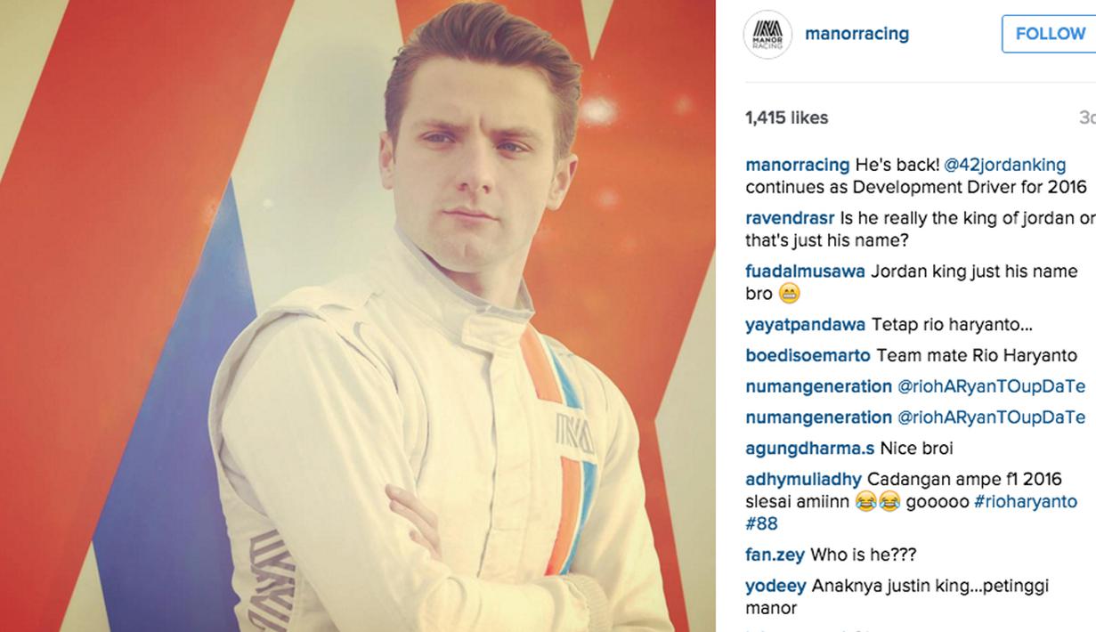 Jordan King mendapat likes rata-rata adalah antara 1,415 sampai 1,500an pada  Instagram Manor Racing. (Bola.com/Manorracing/Instagram)