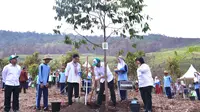 Presiden Jokowi didampingi Ibu Negara Iriana Widodo dan Menteri LHK Siti Nurbaya menanam pohon pada peringatan Hari Menanam Pohon Indonesia dan Bulan Menanam Pohon Nasional di Tahura Sultan Adam, Kalsel, Kamis (26/11). (Satgapres)