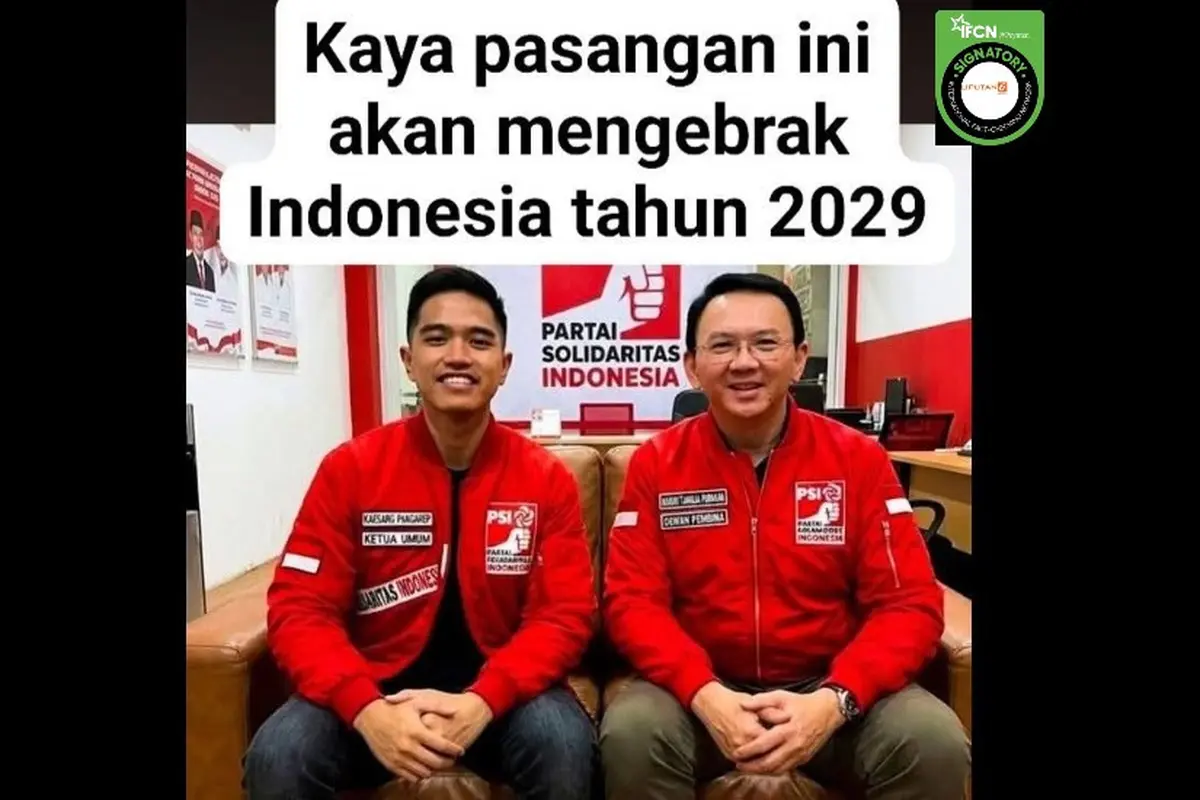 Cek Fakta Liputan6.com mendapati klaim foto Ahok duduk bersama dengan Ketua Umum PSI Kaesang Pangarep.