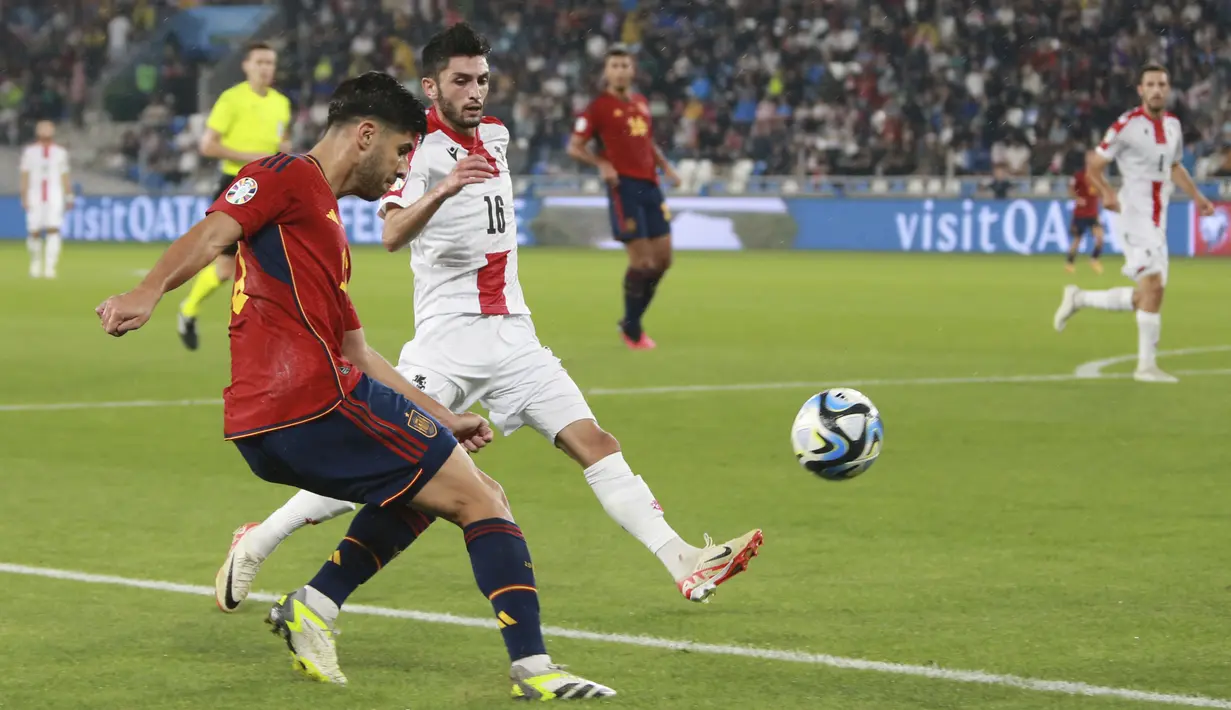 Empat gol lainnya masing-masing disumbang oleh bunuh diri Solomon Kvirkvelia, Dani Olmo, Nico Williams, dan Lamine Yamal. (AP Photo/Zurab Tsertsvadze)