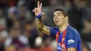 Striker Barcelona, Luis Suarez, merayakan gol yang dicetaknya ke gawang Sporting. Kemenangan ini membuat La Blaugrana menggeser Real Madrid di puncak klasemen Liga Spanyol. (AFP/Lluis Gene)