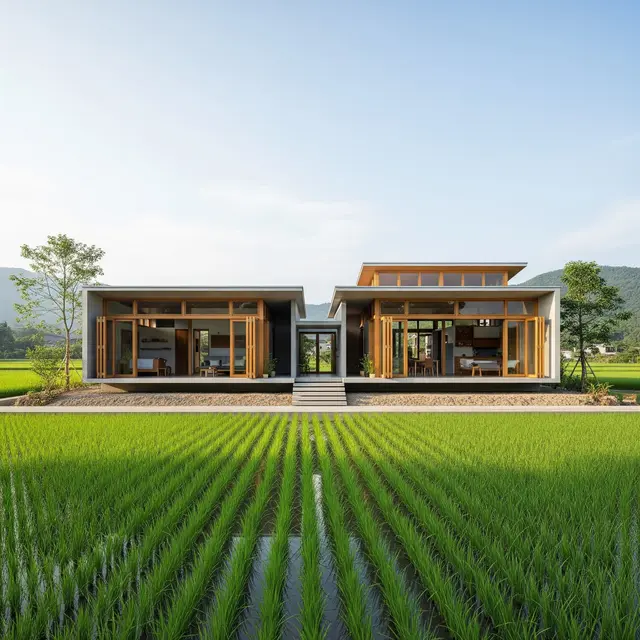 Model Rumah Minimalis di Desa Cocok untuk Daerah Sawah (AI)