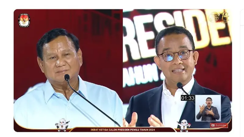 Calon presiden nomor 1 Anies Baswedan dan capres nomor urut 2 Prabowo Subianto saat debat capres ketiga yang digelar KPU pada Minggu (7/1/2024) di Istora, Senayan, Jakarta.