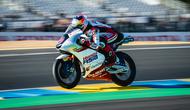 Veda Ega Pratama saat finis posisi enam pada kualifikasi Moto3 Prancis di Sirkuit Le Mans hari Sabtu (09/05/2026). (Honda Team Asia)