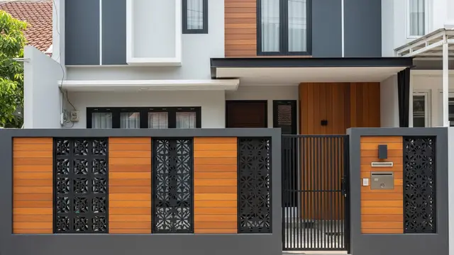 Pagar Kayu dengan Roster Besi Berdesain Modern