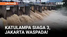 Hujan deras yang mengguyur kawasan hulu Sungai Ciliwung di wilayah Puncak menyebabkan debit air di Bendung Katulampa, Bogor, melonjak hingga berstatus Siaga 3 pada Rabu dini hari.