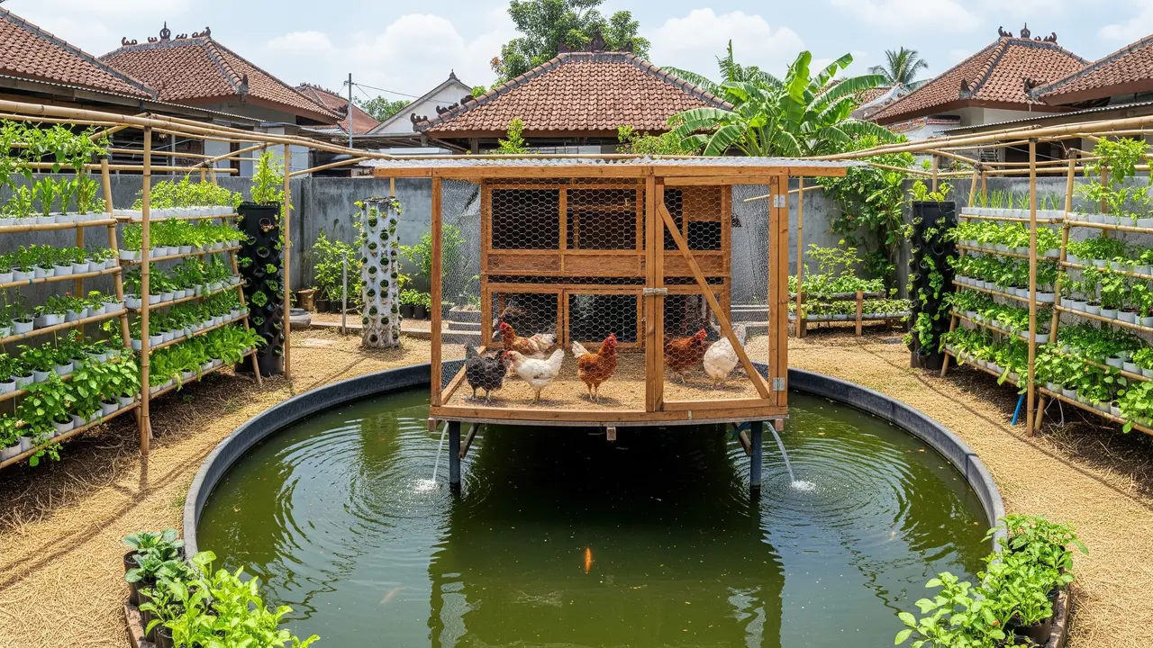Konsep Pertanian Terpadu Mini dengan Ayam, Ikan, dan Sayuran di Satu Lahan/Gemini AI