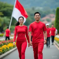 Ide outfit jalan sehat HUT RI yang penuh semangat nasionalisme. ©Ilustrasi MetaAI