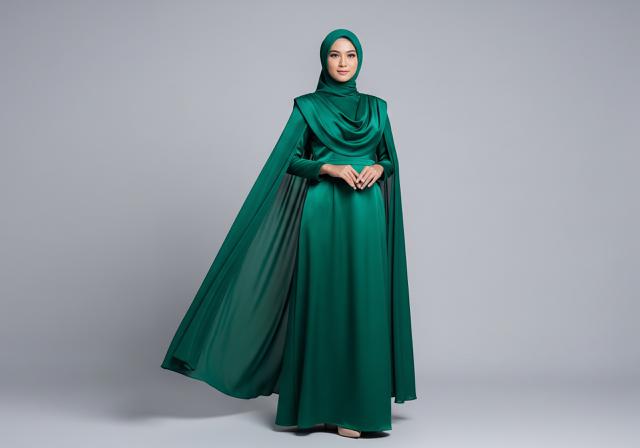 7. Gamis Cape Emerald dengan Aksen Minimalis