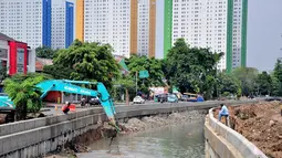 Pembuatan turap ini merupakan bagian dari normalisasi kali-kali untuk mengantisipasi luapan kali saat hujan deras melanda Jakarta, Selasa (17/6/14). (Liputan6.com/Faizal Fanani)