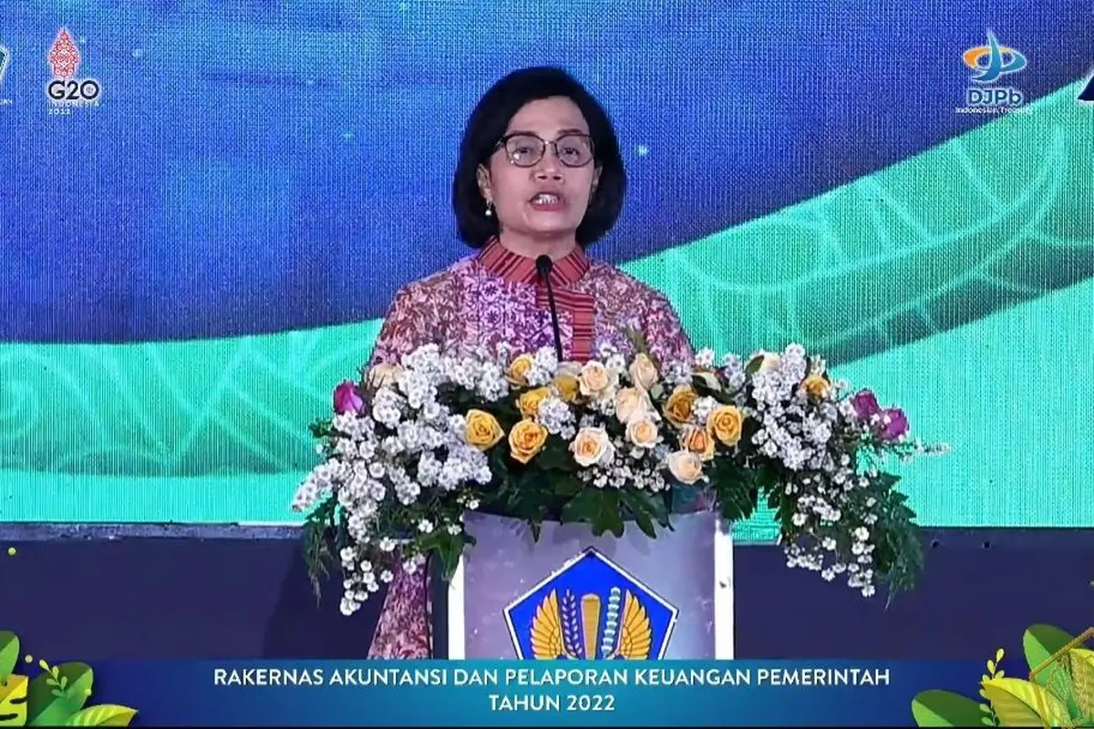 Menteri Keuangan Sri Mulyani Indrawati dalam Rakernas Akuntansi dan Pelaporan Keuangan Pemerintah Tahun 2022, di Gedung Dhanapala, Kementerian Keuangan, Kamis (22/9/2022).