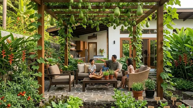 Kebun Labu Siam Gantung dengan Pergola Kayu Minimalis
