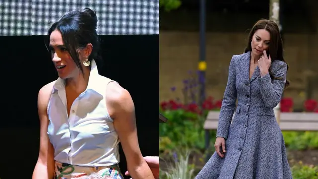 Perbedaan gaya busana Kate Middleton dengan Meghan Markle. (Dok: Kola Sulaimon / AFP)