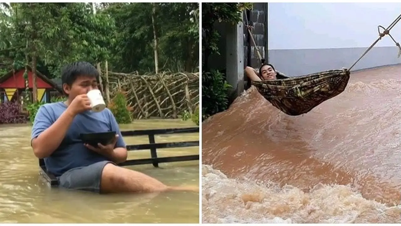 6 Potret Orang Tetap Santai Meski Banjir Ini Bikin Deg-degan Lihatnya