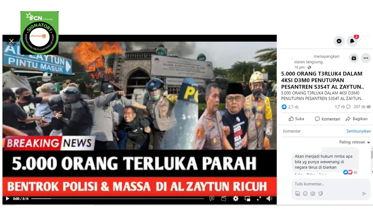 Tangkapan layar klaim video 5 ribu orang terluka dalam aksi demo penutupan pesantren Al Zaytun