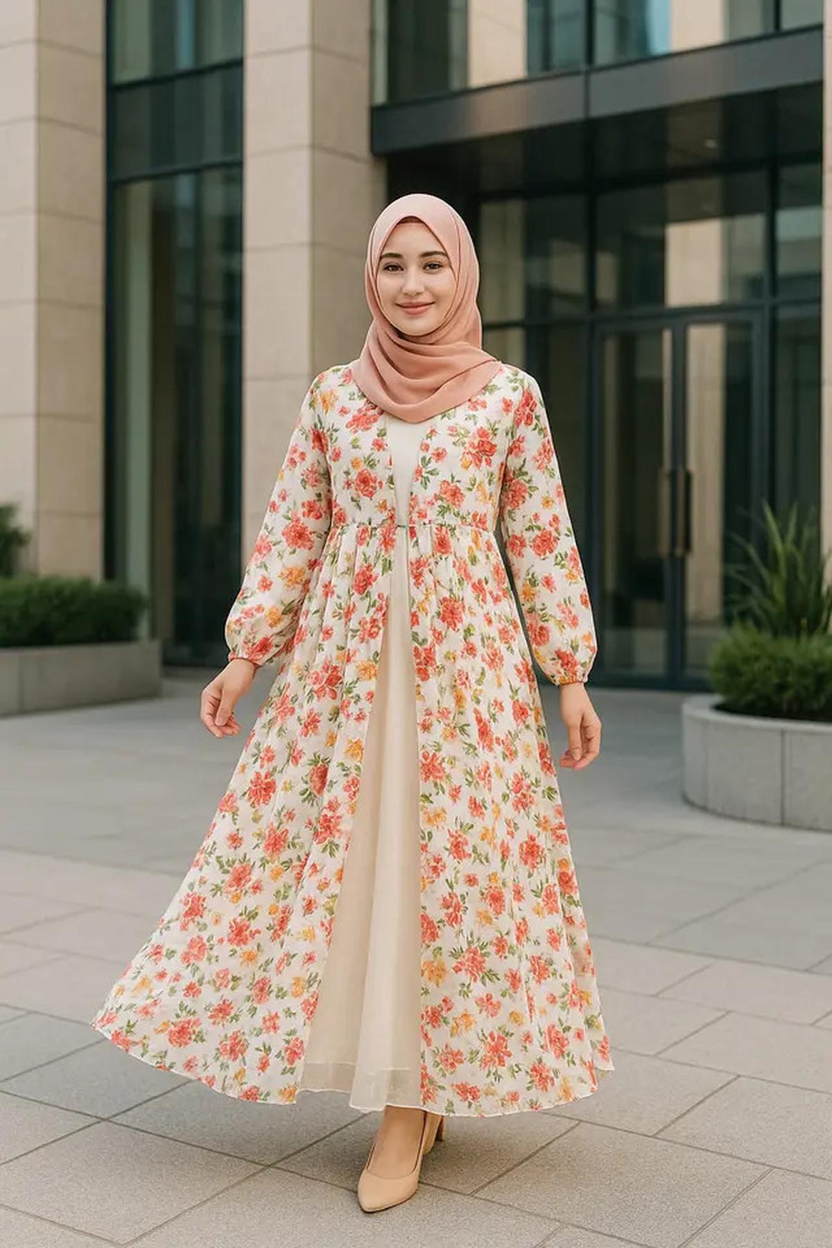 7 Model Gamis dengan Outer Motif Bunga