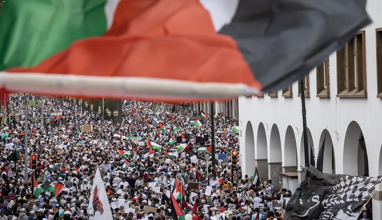 Itu merupakan demonstrasi terbesar di Maroko sejak sejak negara Afrika Utara tersebut menormalisasi hubungan dengan Israel pada 2020. (FADEL SENNA / AFP)