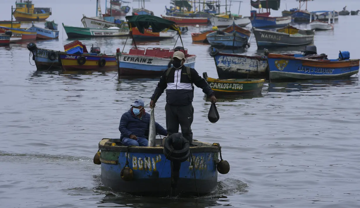 Seorang nelayan memegang ikan yang ditangkapnya di perairan yang terkontaminasi tumpahan minyak, di Ancon, Peru, Kamis (20/1/2022). Tumpahan minyak di pantai Peru disebabkan oleh gelombang dari letusan gunung berapi bawah laut di negara Pasifik Selatan Tonga. (AP Photo/Martin Mejia)